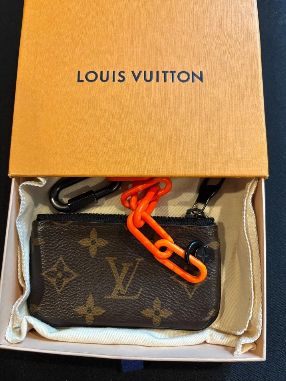 Louis Vuitton Brown Monogram Pouch with Bright Orange Chain